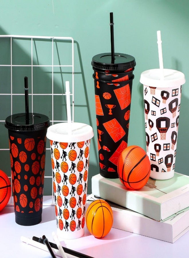 نوجو مجموعة نوجو من 12 كوبًا بلاستيكيًا لحفلات كرة السلة، سعة 24 أونصة، مع غطاء وماصة، أكواب قابلة لإعادة الاستخدام، مثالية لمحبي الرياضة، هدايا حفلات أعياد الميلاد. - Image 3